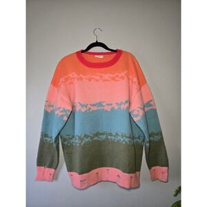 Storia Colorblock Distressed Hem Sweater Pink Blue Orange Size L